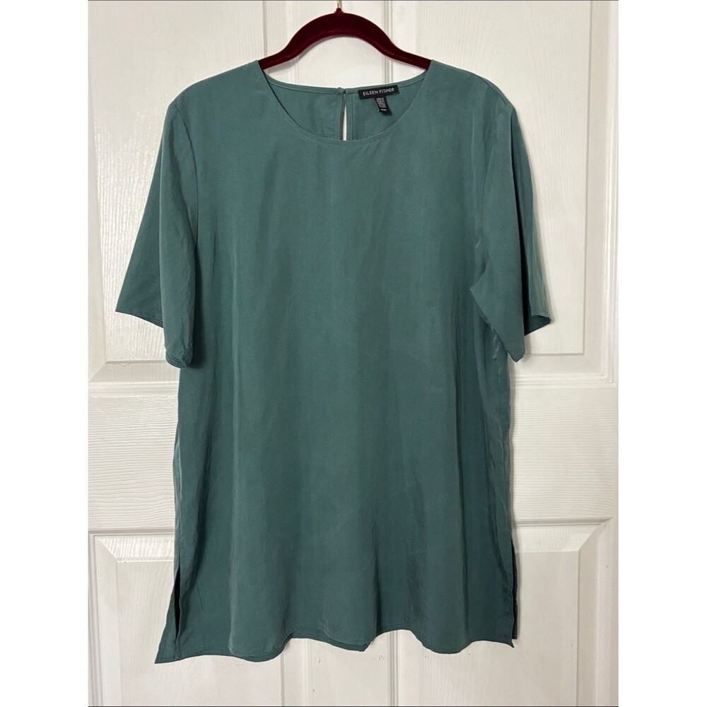 Eileen Fisher Green Tencel Blend Short-Sleeve Silky Blouse Size Medium basic top